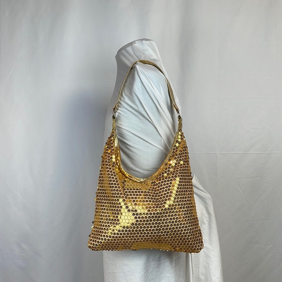 Unbranded Handbags - Gold Metallic Shoulder Bag Hobo Handbag Sequin Fishnet Curve Top Silver Shimmer